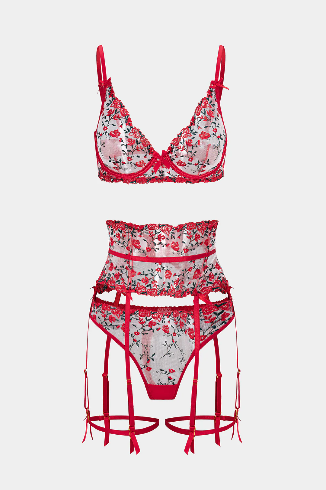 Embroidery Bow Slip Corset Waist Lingerie Garter Set - Image 5
