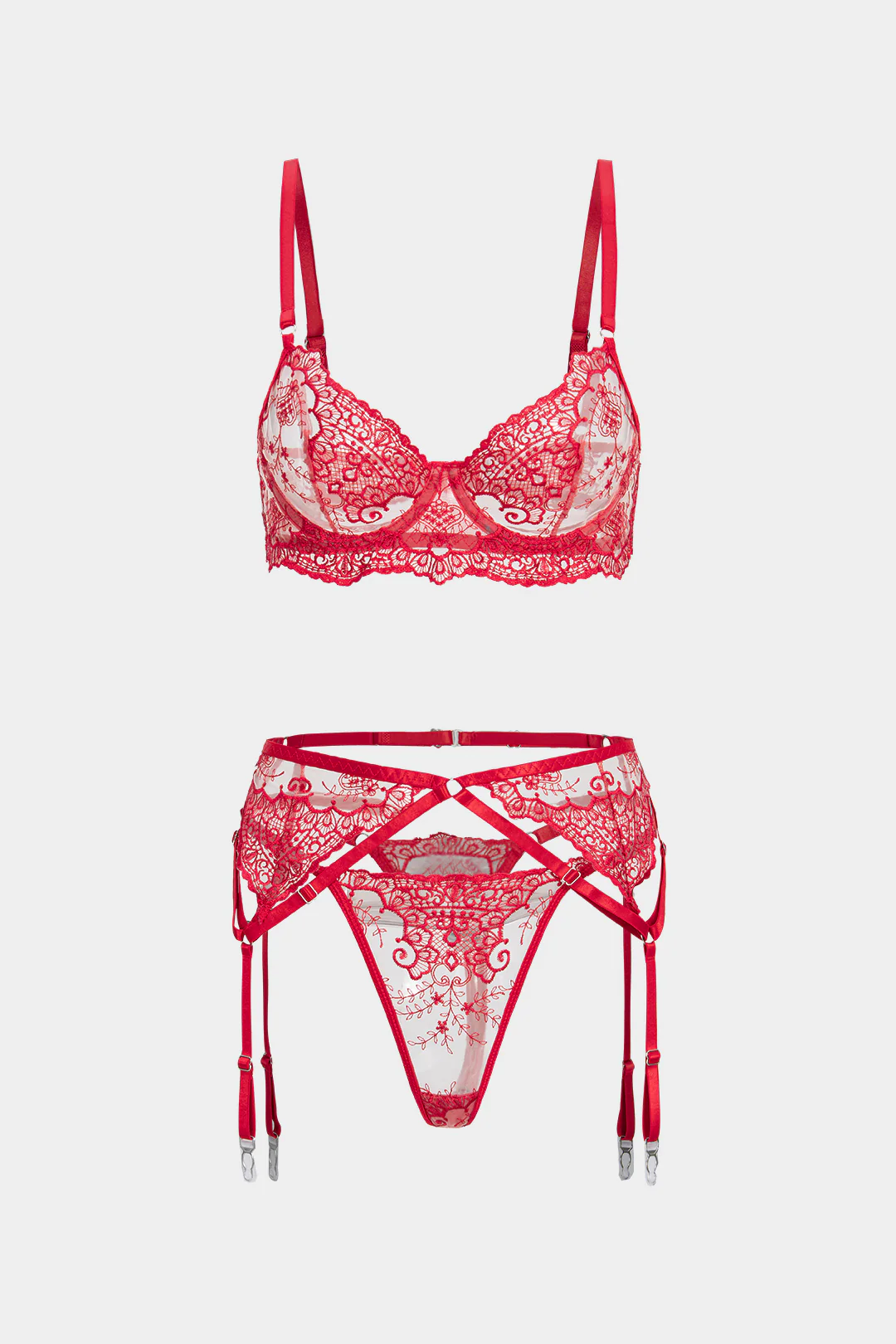 Embroidery Sheer Underwire Lingerie Garter Set - Image 5