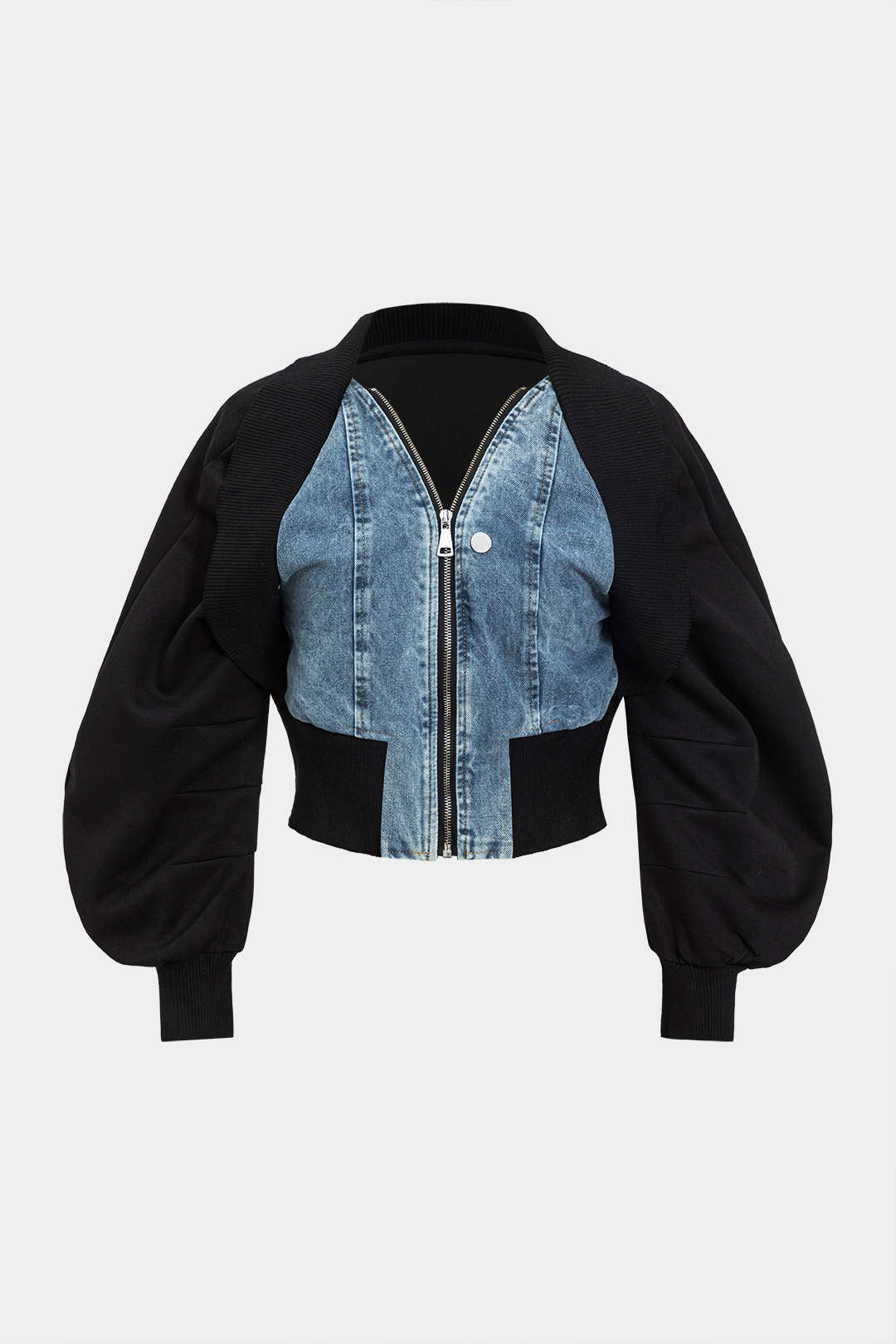 Patchwork Zipper Denim Outerwear Jacket - Image 5