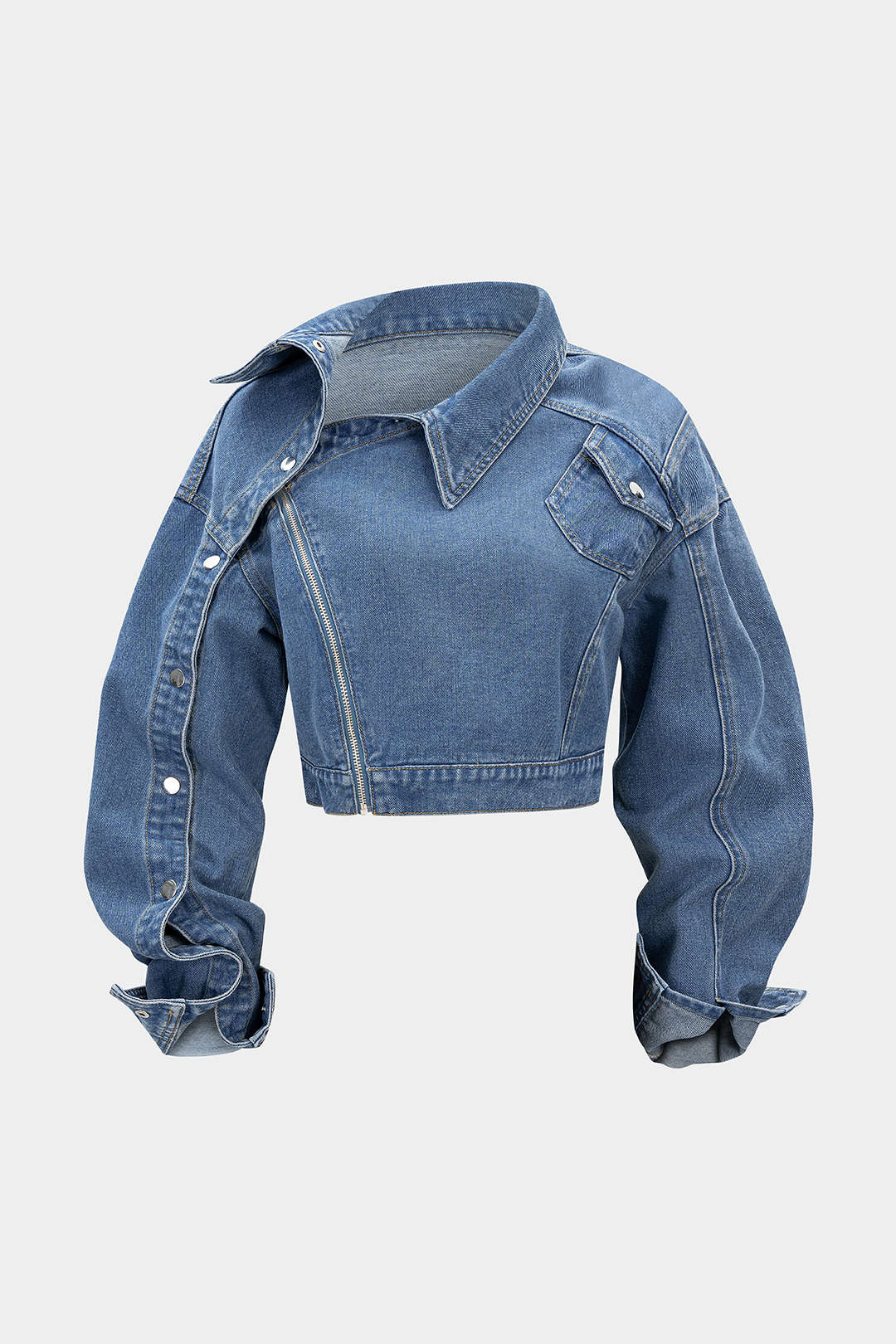 Denim  Asymmetrical Zipper Long-Sleeve Top