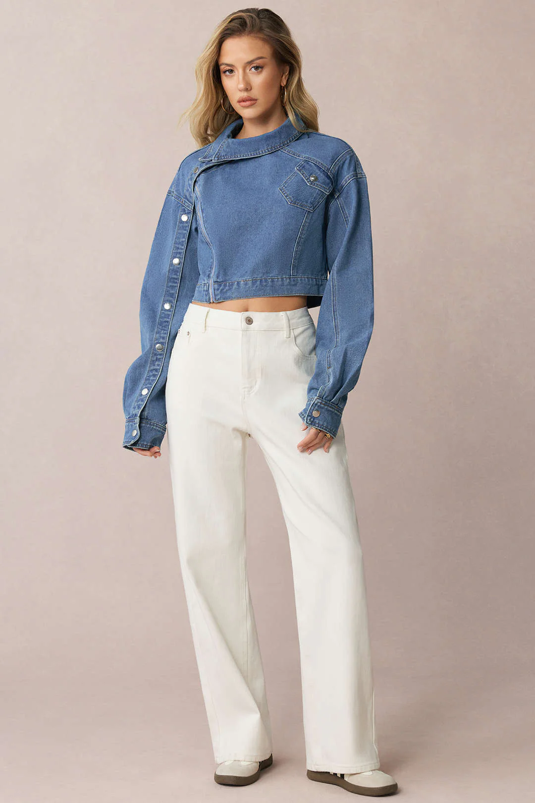 Denim  Asymmetrical Zipper Long-Sleeve Top - Image 7