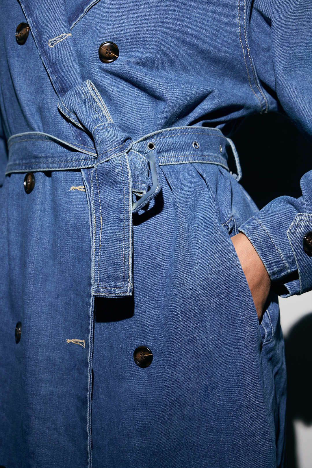 Denim Double-Breasted Belted Mid-Long Outerwear - Image 5
