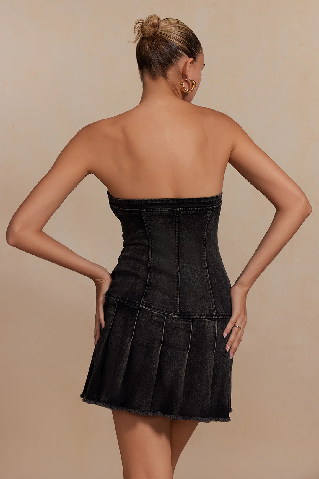 Denim Pleated Strapless Mini Dress - Image 7