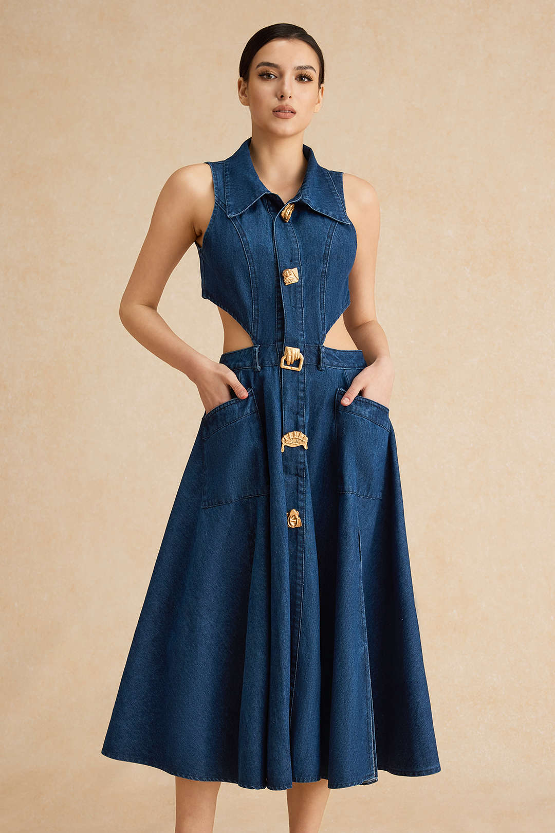 Denim Button Cut Out Dress - Image 5