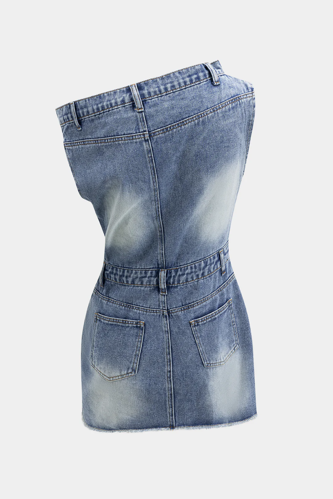 Denim Asymmetric Neckline Mini Dress - Image 2