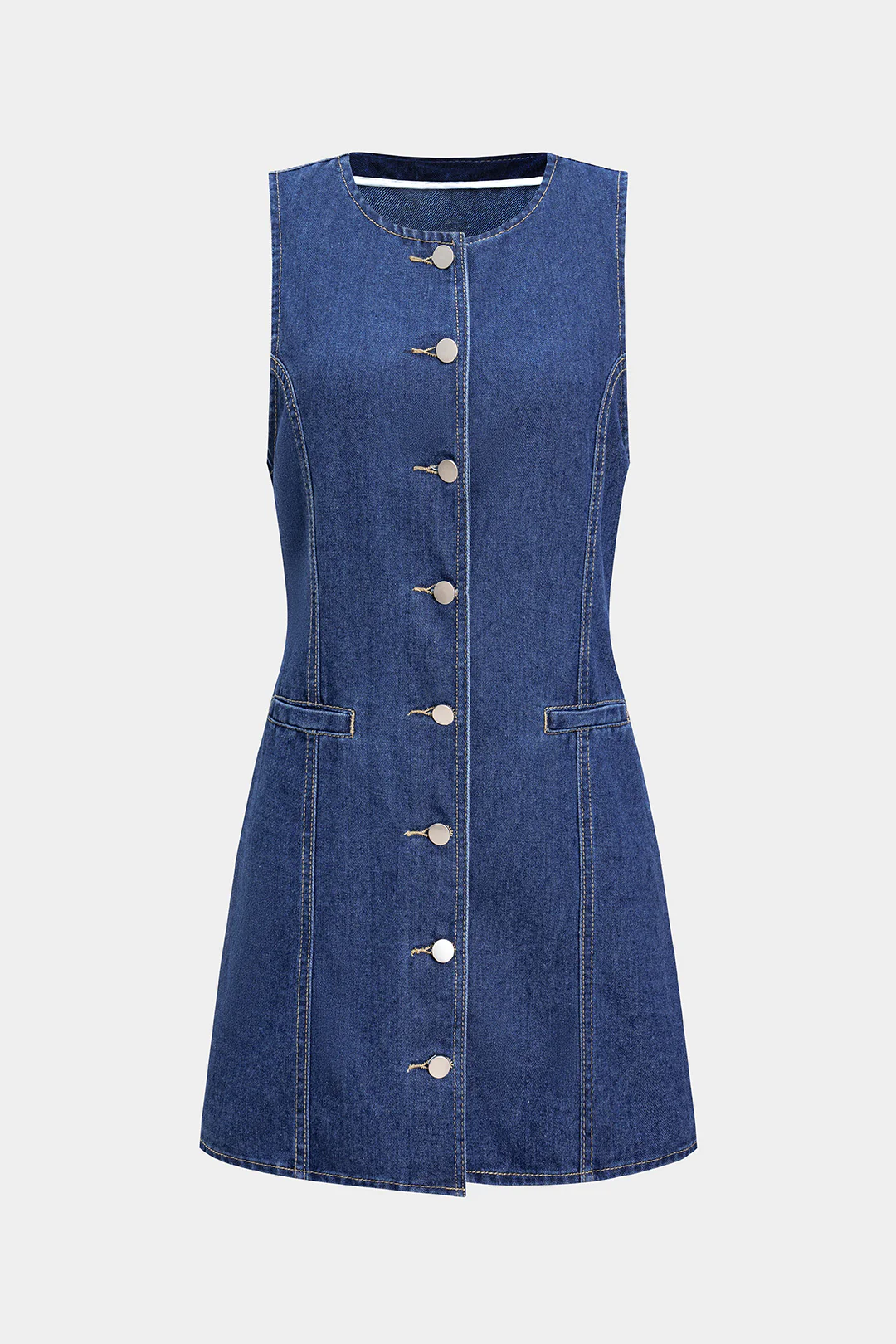 Denim Round Neck Button Sleeveless Dress