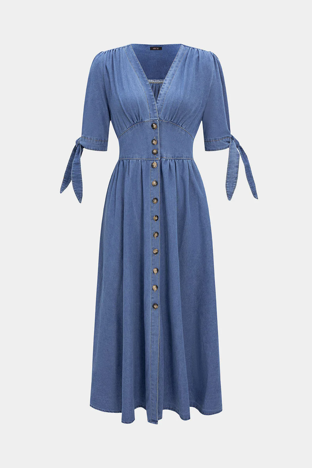 Denim V-Neck Ruched Button Tie-Up Short Sleeve Dress