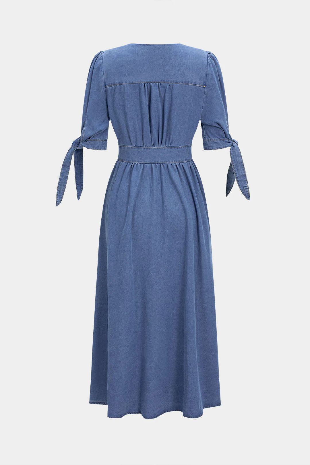 Denim V-Neck Ruched Button Tie-Up Short Sleeve Dress - Image 2