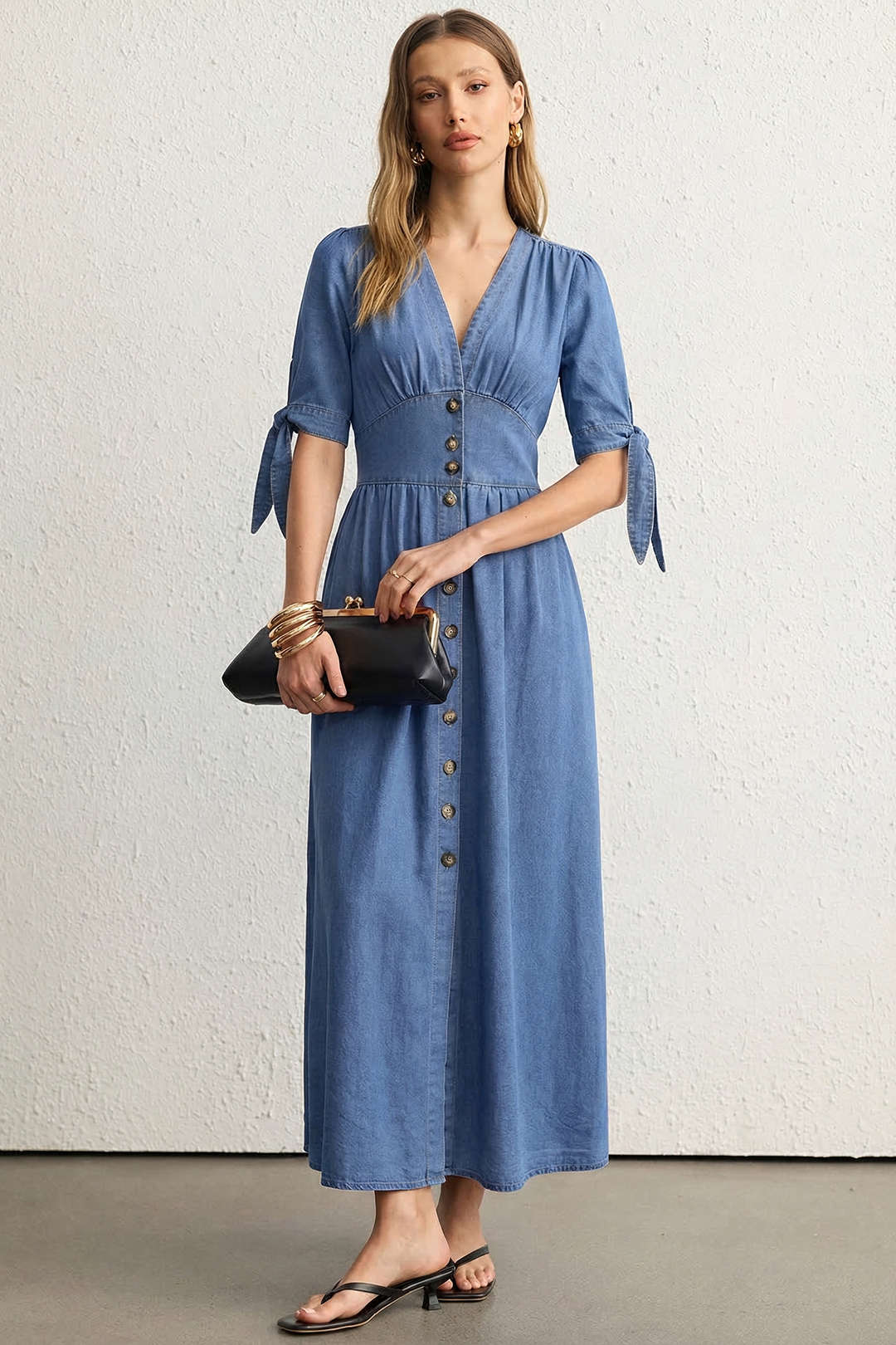 Denim V-Neck Ruched Button Tie-Up Short Sleeve Dress - Image 6