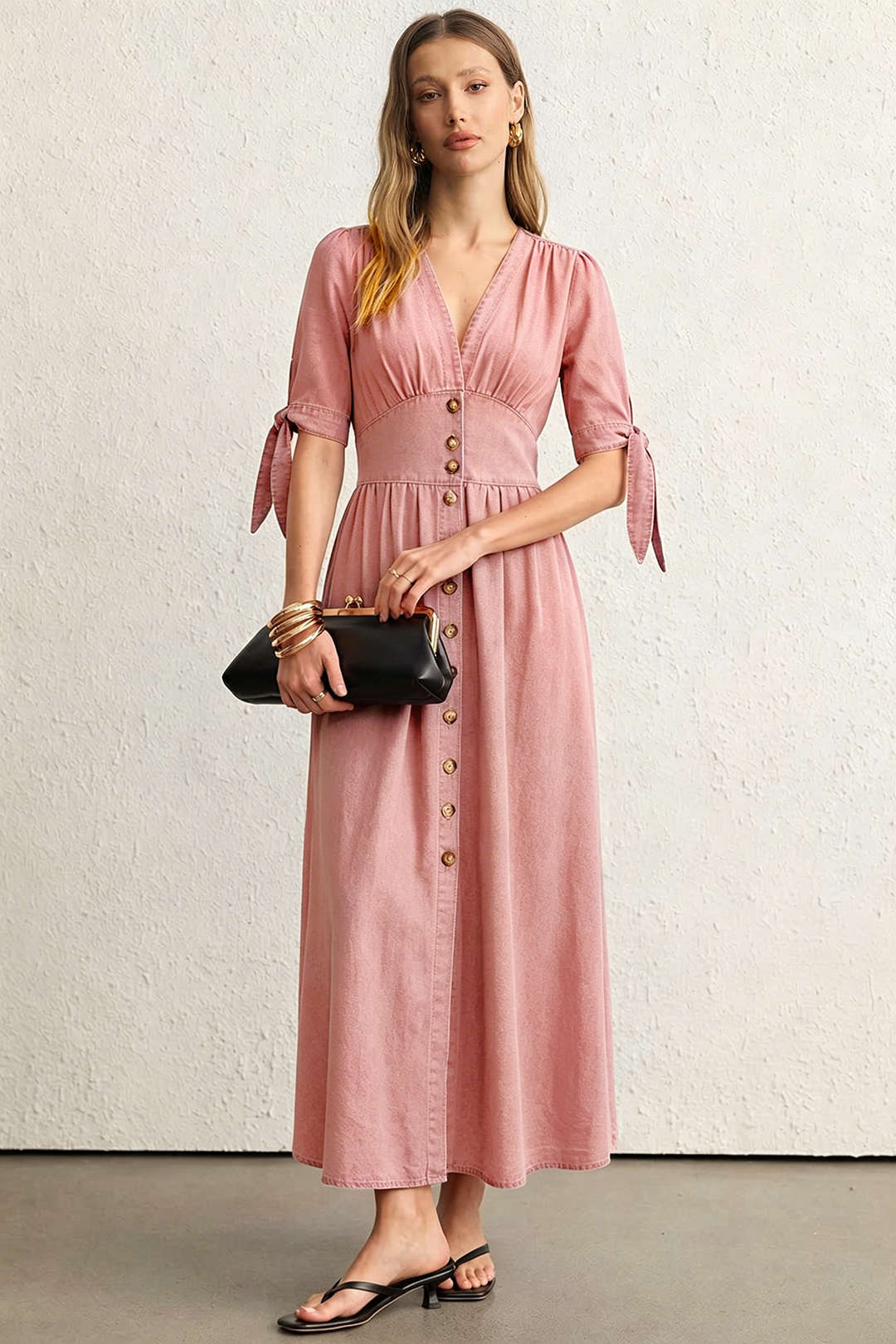 Denim V-Neck Ruched Button Tie-Up Short Sleeve Dress - Image 8