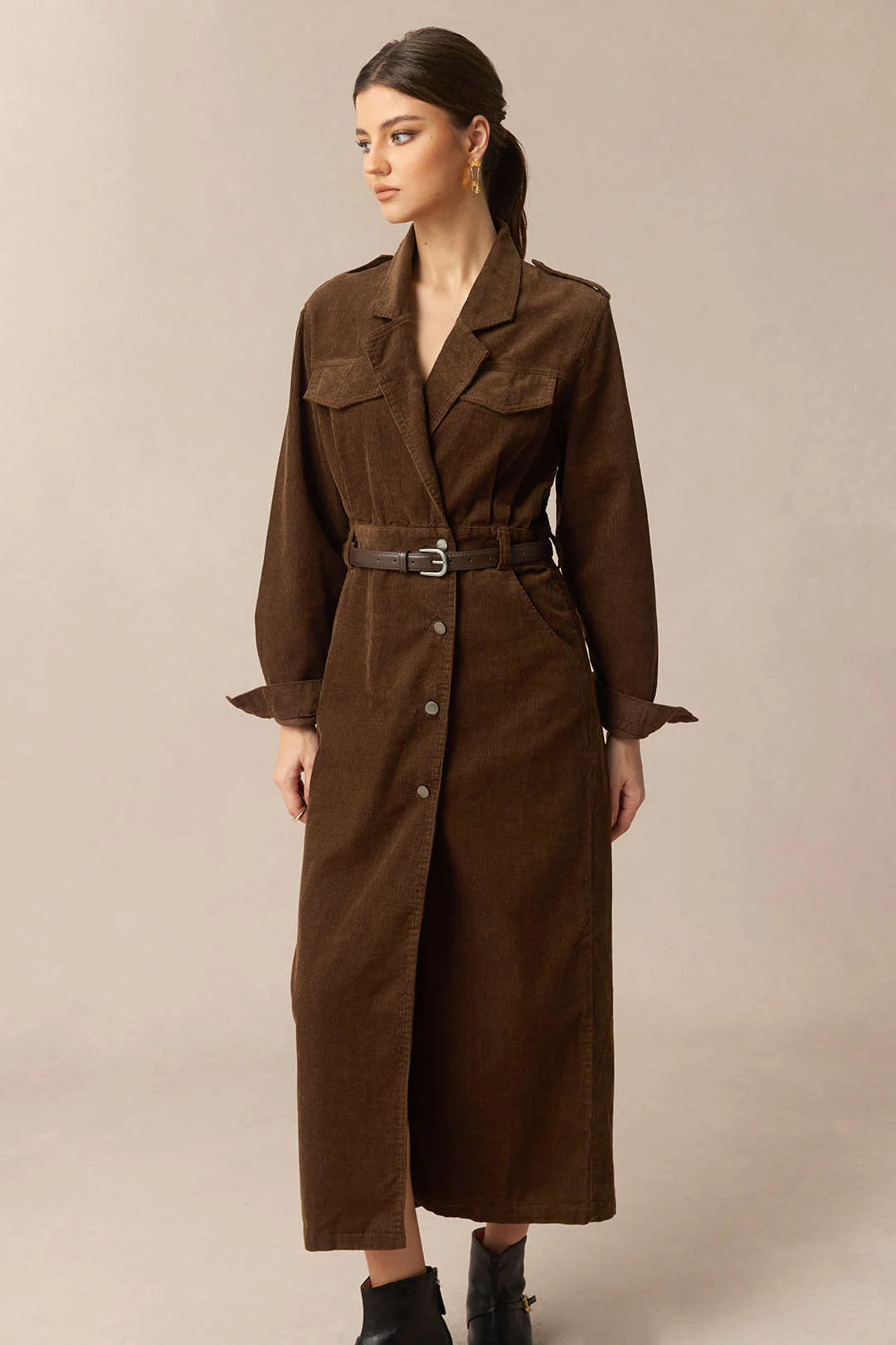 Corduroy Notched Lapel Button Pocket Belted Long Sleeve Dress - Image 3