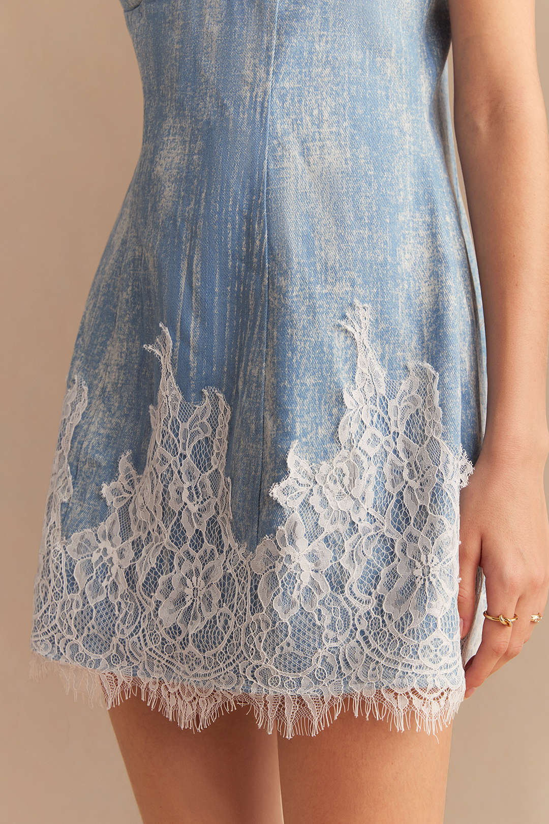 Denim Patchwork Lace Trim Zipper Sleeveless Mini Dress - Image 8