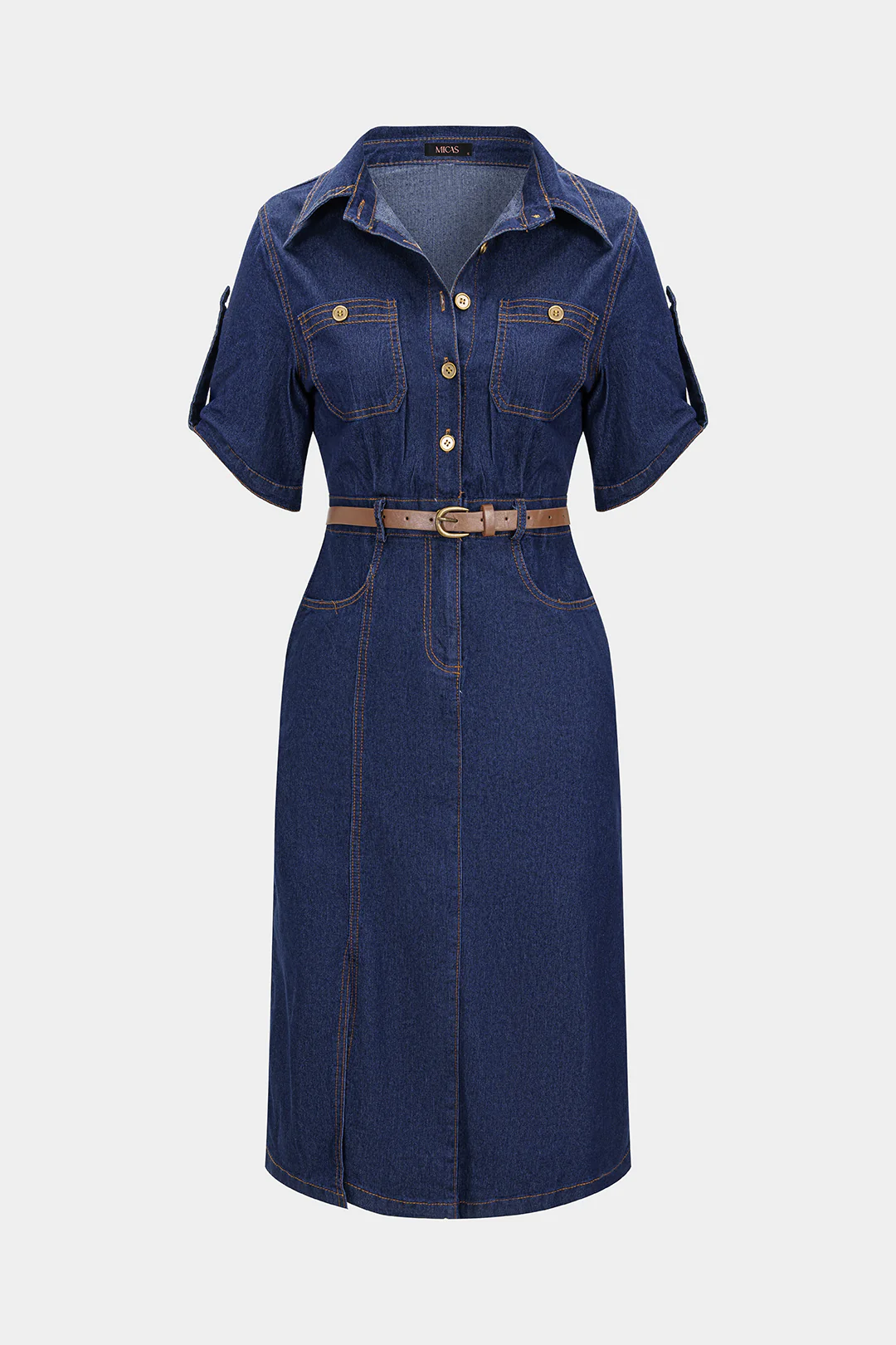 Denim Lapel Belted Button Short Sleeve Dress