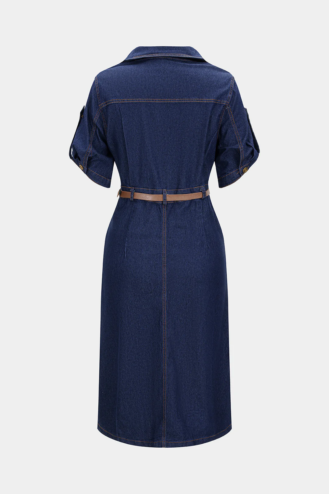 Denim Lapel Belted Button Short Sleeve Dress - Image 2