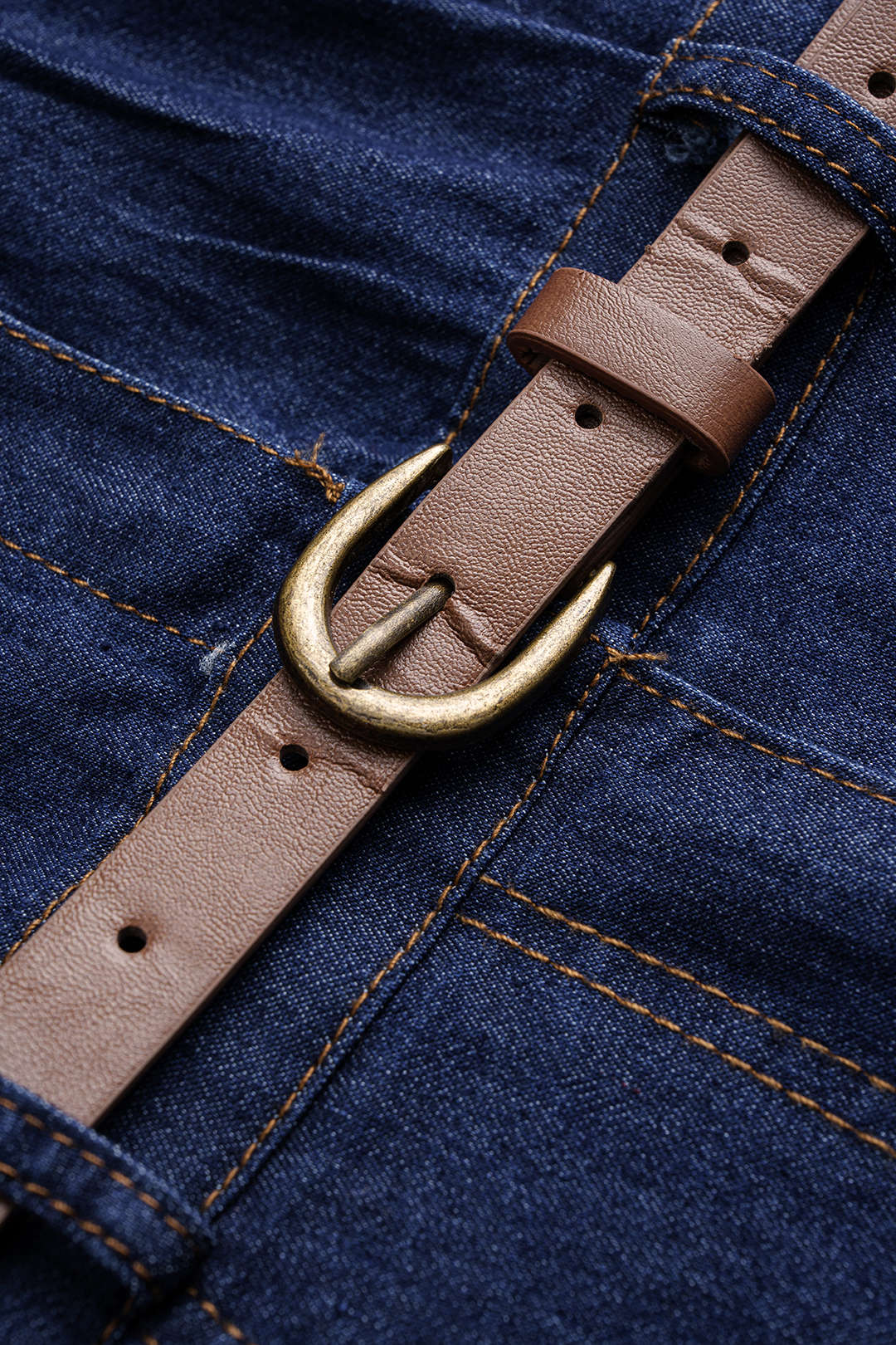Denim Lapel Belted Button Short Sleeve Dress - Image 5