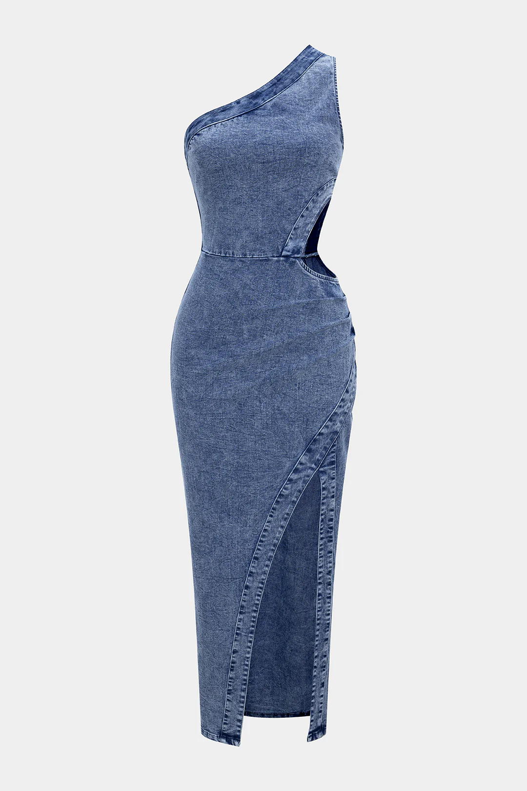 Denim One Shoulder Cut Out Asymmetrical Slit Zipper Dress