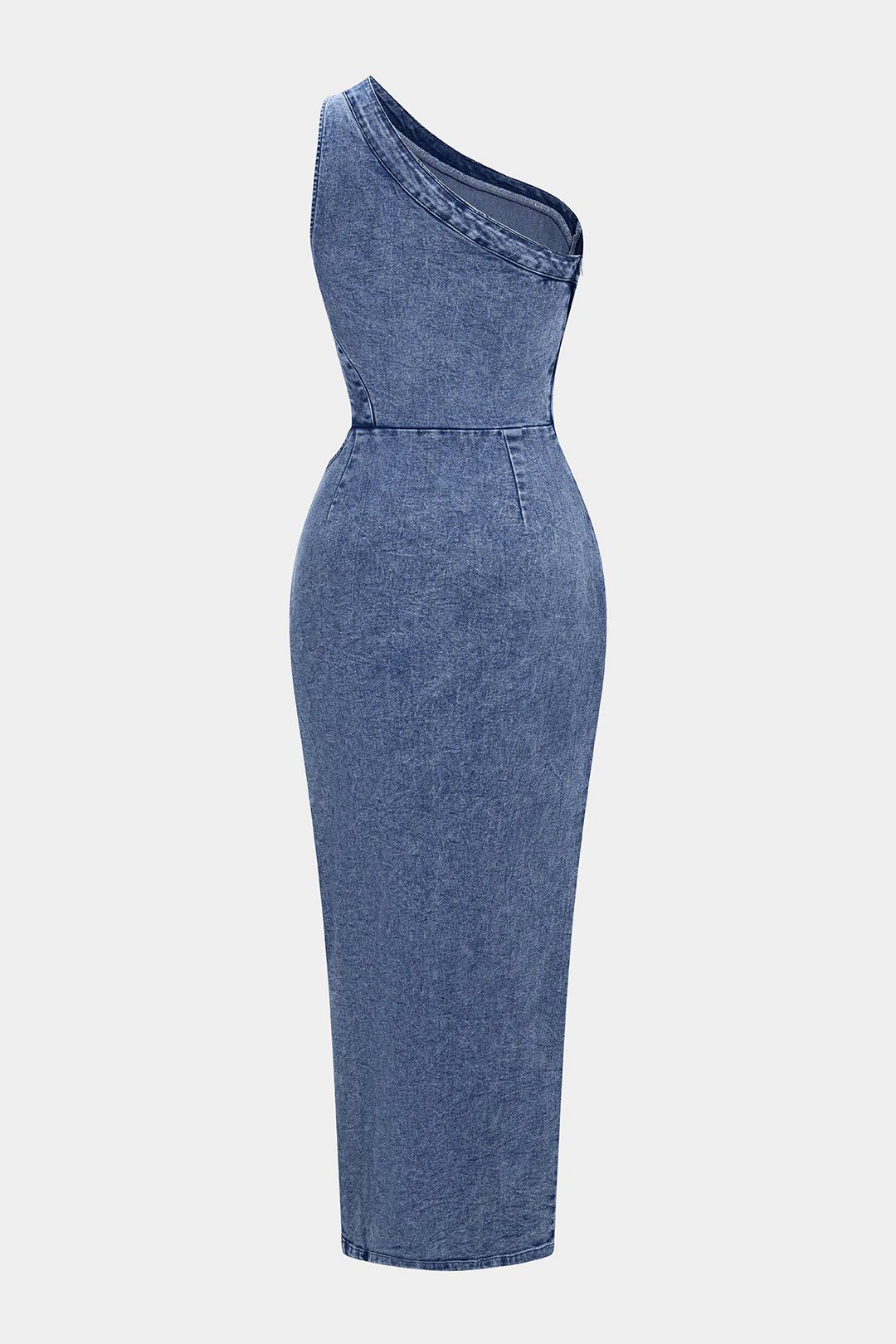 Denim One Shoulder Cut Out Asymmetrical Slit Zipper Dress - Image 2