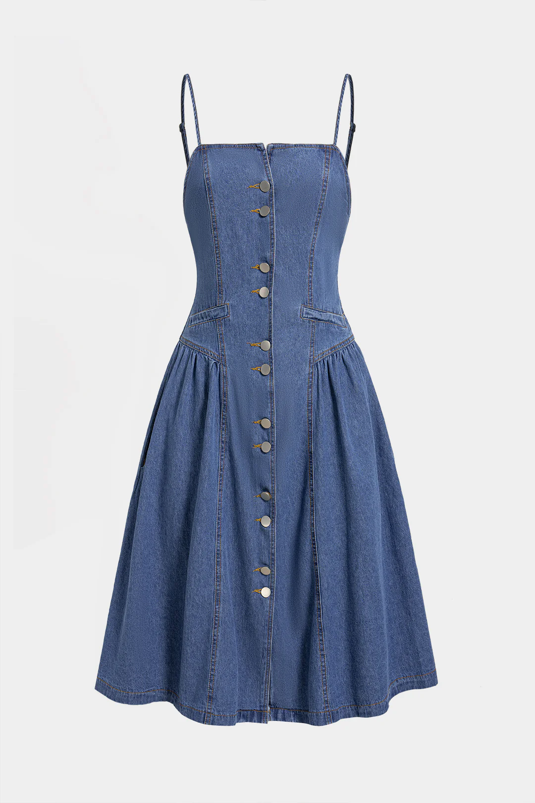 Denim Button Ruched Sleeveless Dress