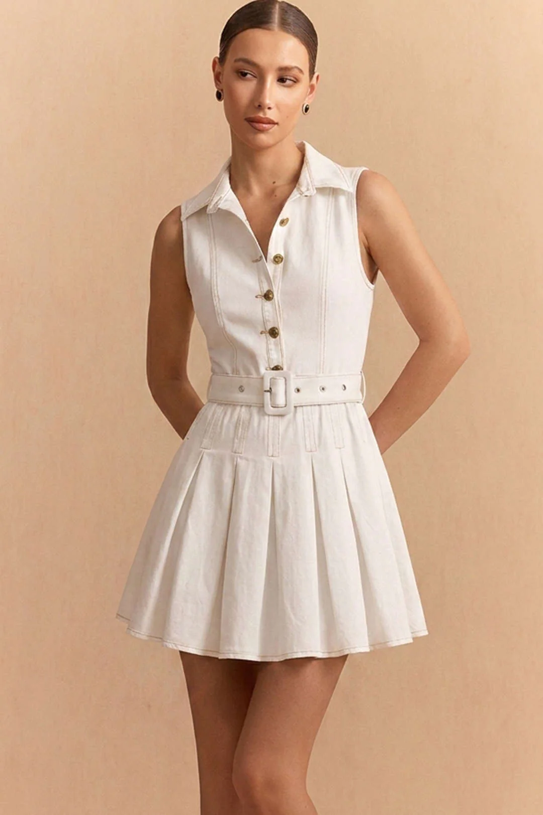 Denim Button Pleated Sleeveless Dress