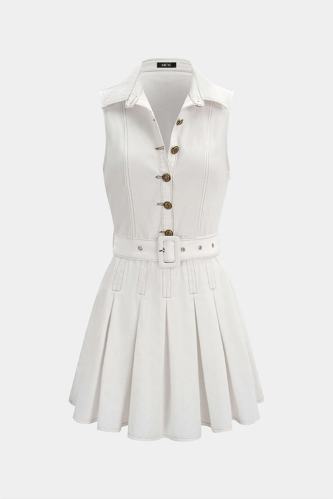 Denim Button Pleated Sleeveless Dress - Image 2