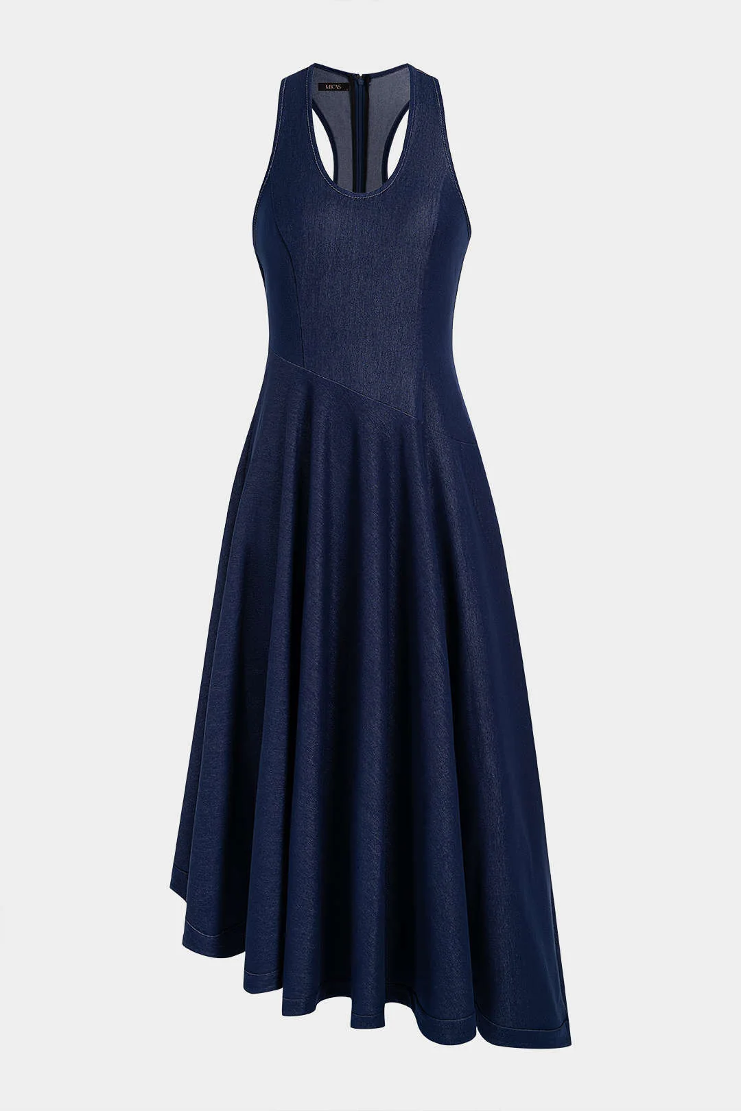 Round Neck Asymmetrical Hem Ruched Sleeveless Dress