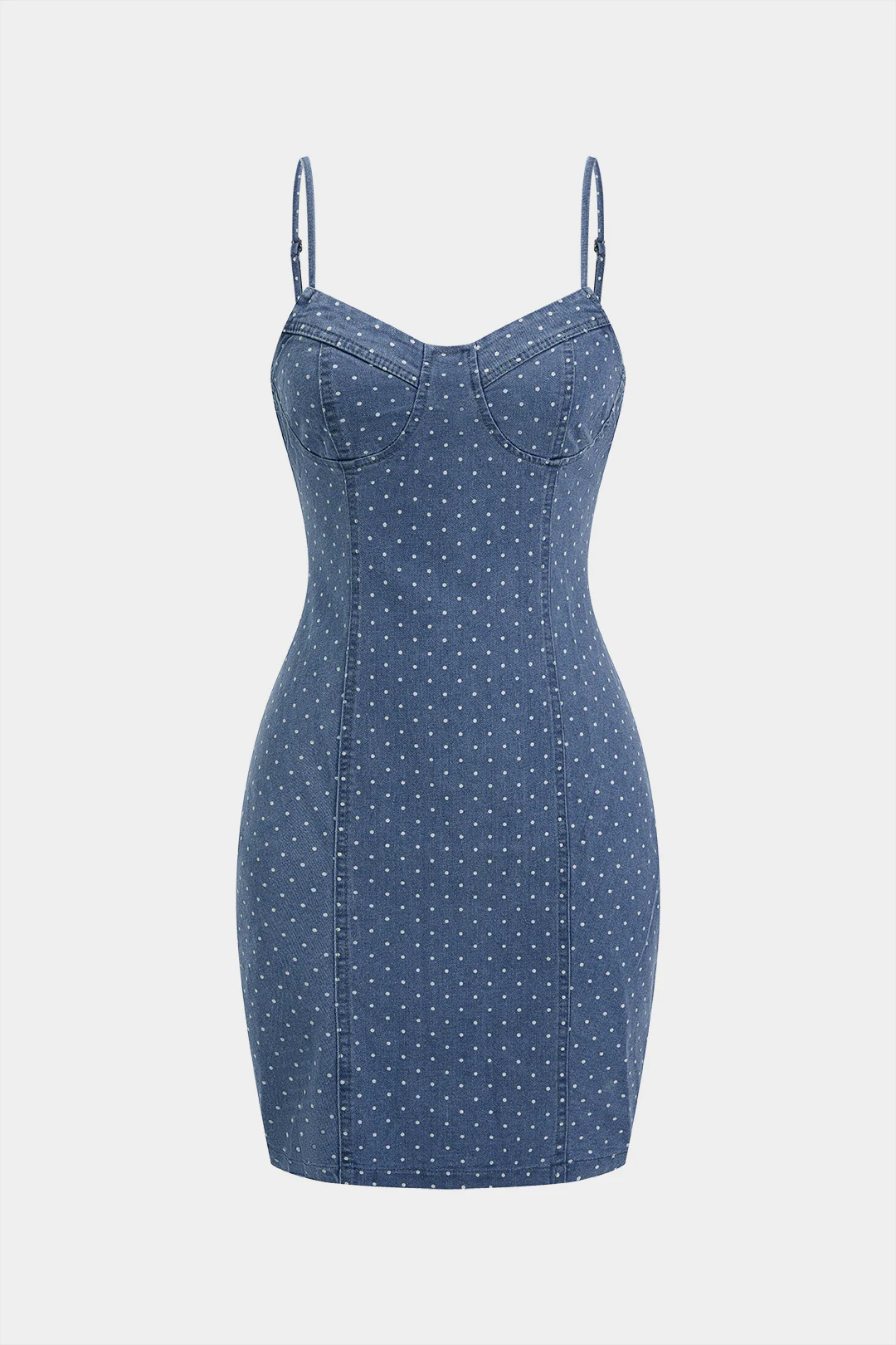 Denim Polka Dots Print Zipper Sleeveless Mini Dress