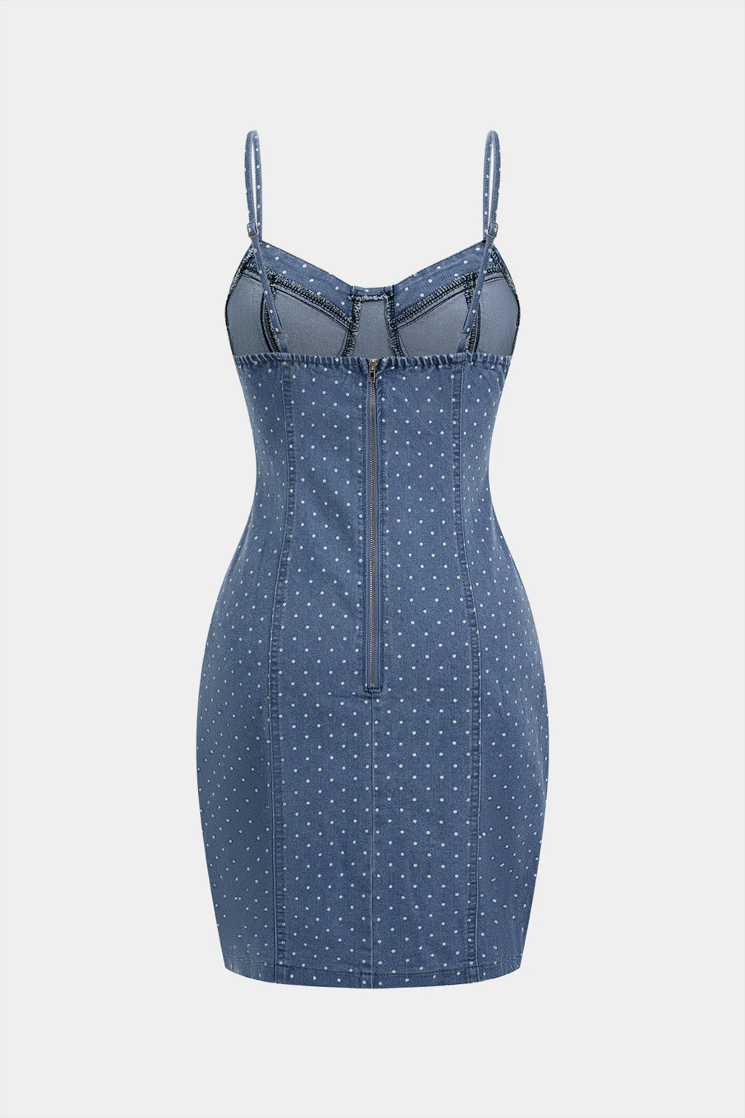 Denim Polka Dots Print Zipper Sleeveless Mini Dress - Image 2