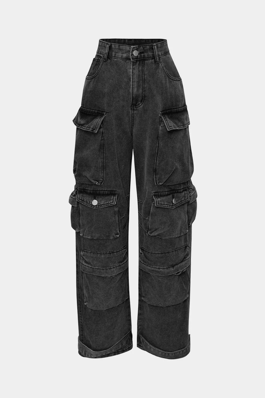 Multi Pocket Rolled Hem Wide Leg Cargo Jeans - Image 9