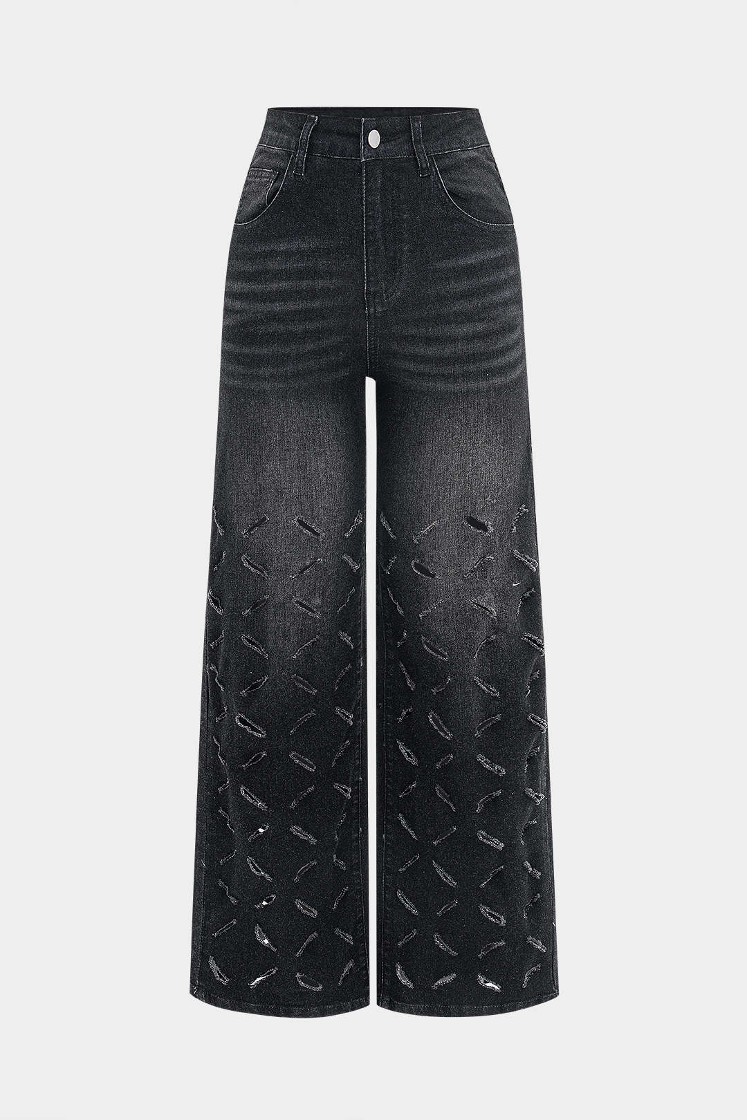 Ripped Cut Out Button Pocket Wide Leg Jeans - Image 11