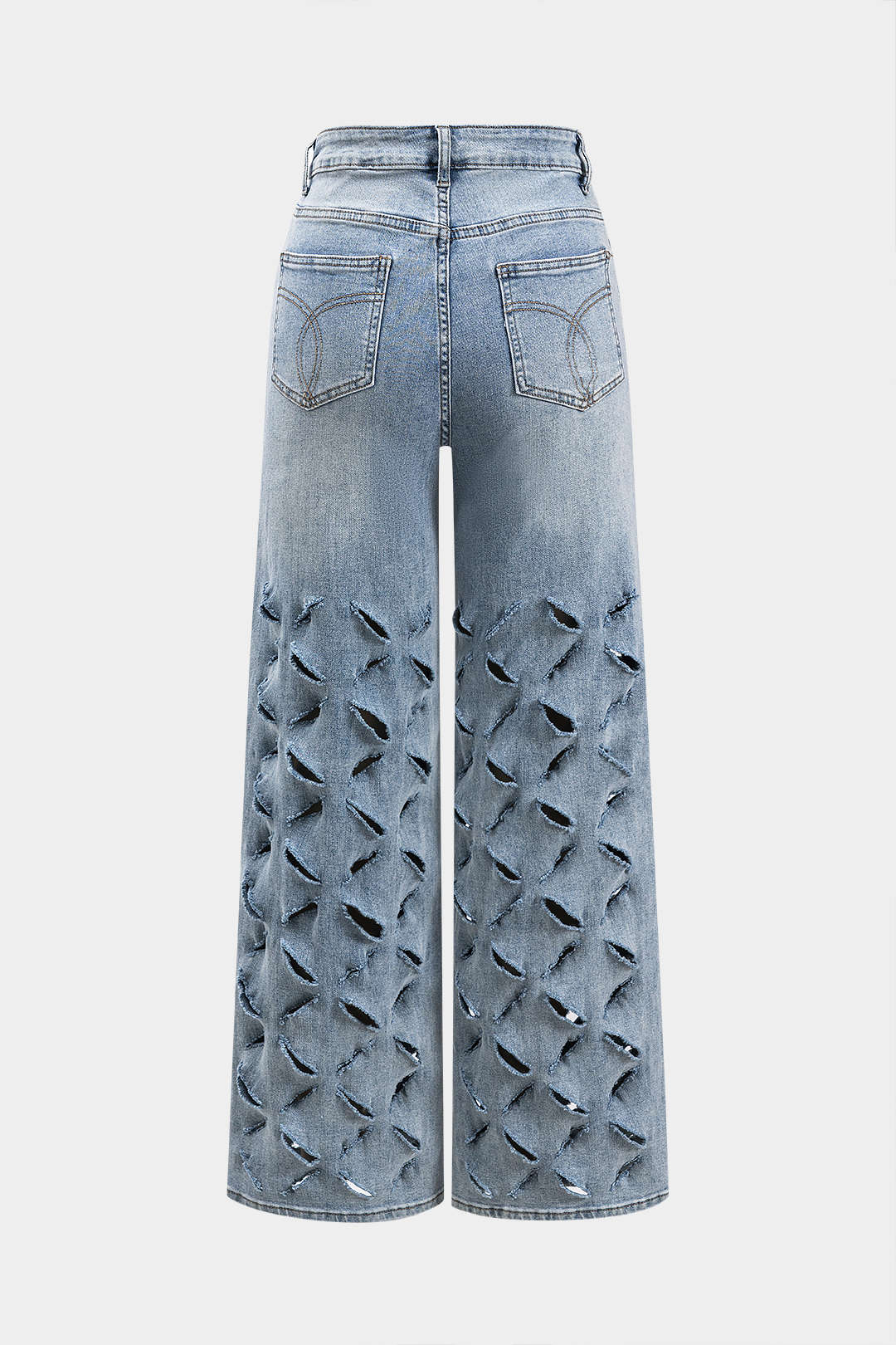 Ripped Cut Out Button Pocket Wide Leg Jeans - Image 2