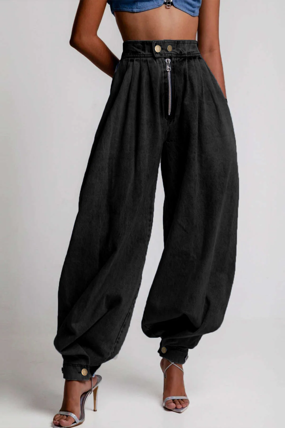 Denim High Waist Zipper Barrel Balloon Jeans - Image 7