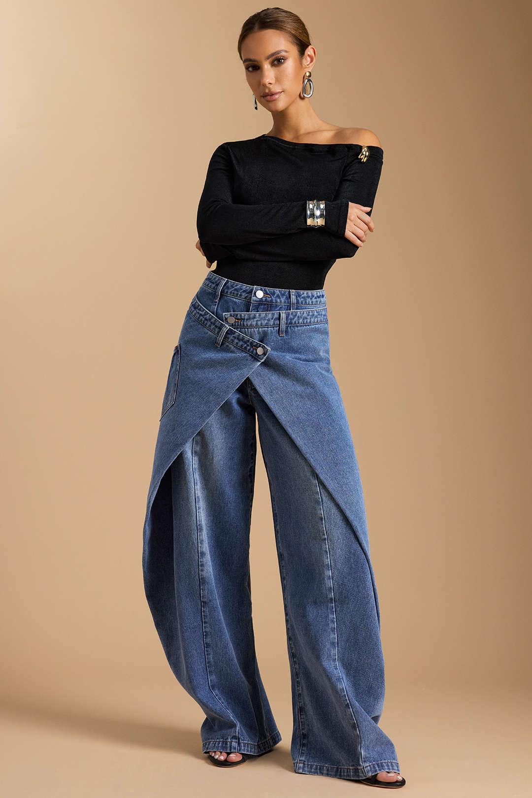 Denim Asymmetric Button Jeans - Image 5