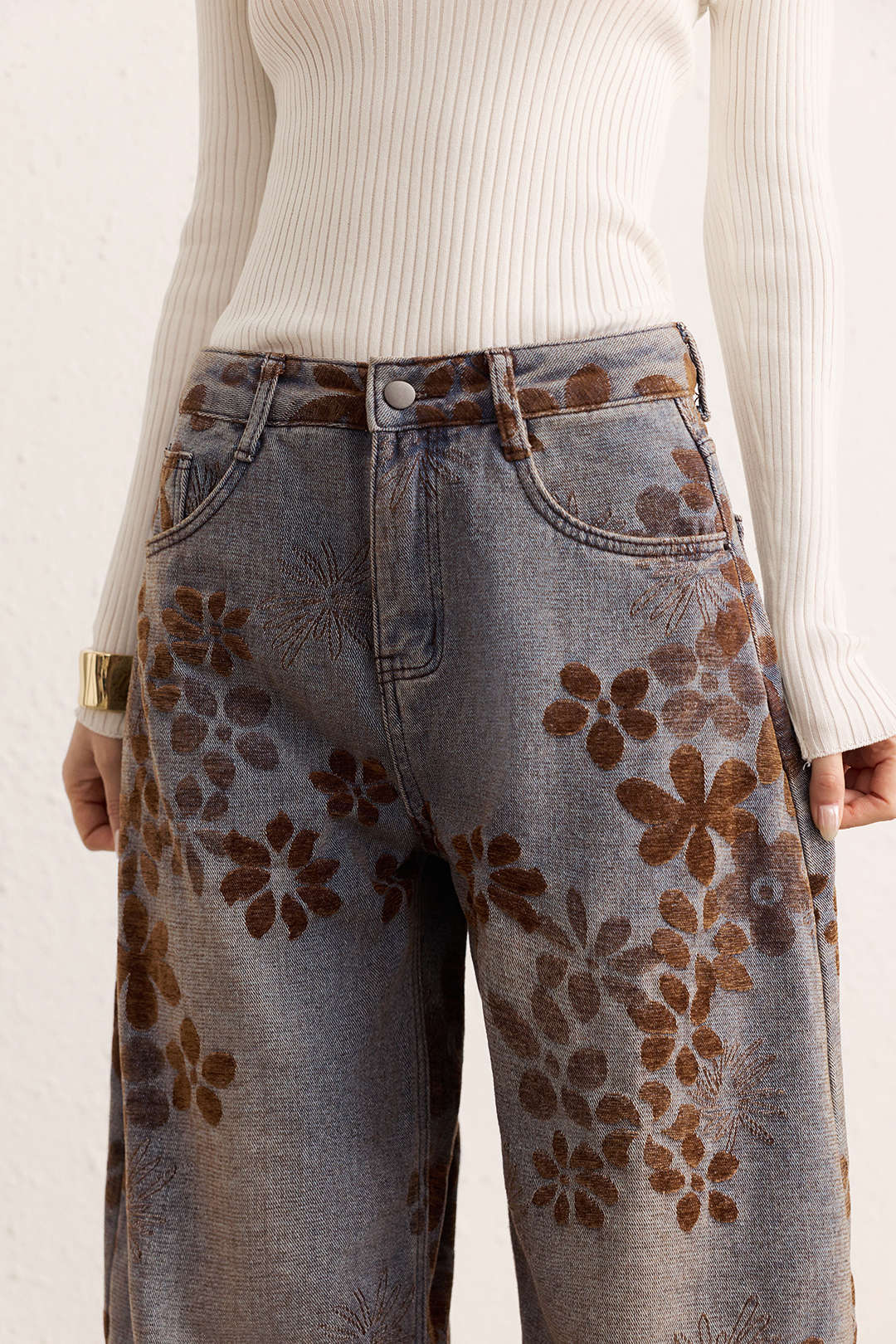 Denim Floral Print High-Waist Pocket Jeans - Image 7