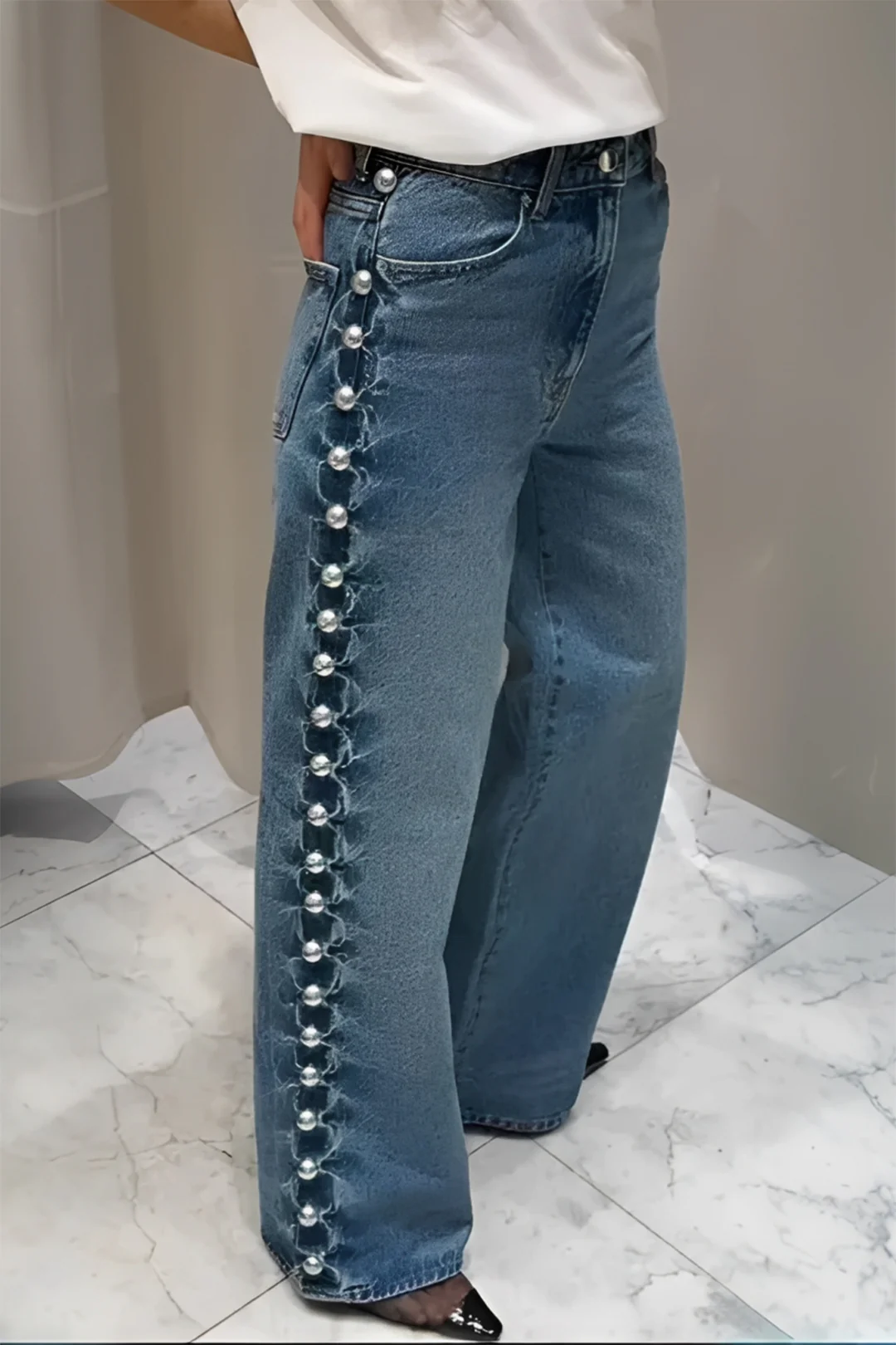 Denim Studded High Waist Straight Leg Jeans