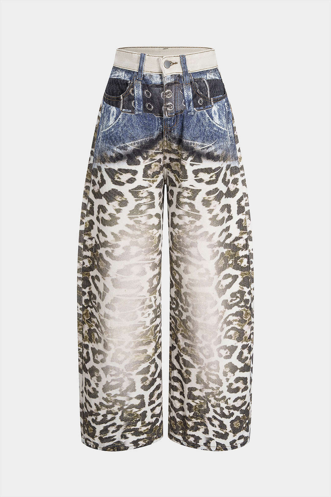 Denim Leopard Print Wide Leg Jeans