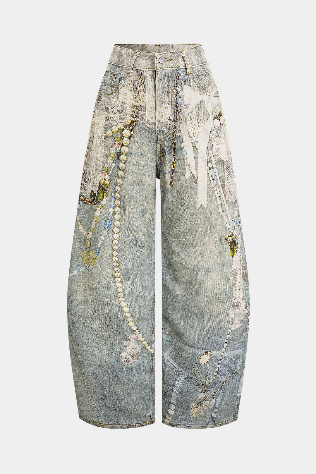 Denim Abstract Print Wide Leg Pants