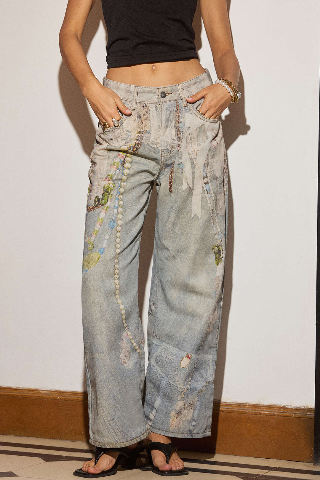 Denim Abstract Print Wide Leg Pants - Image 4