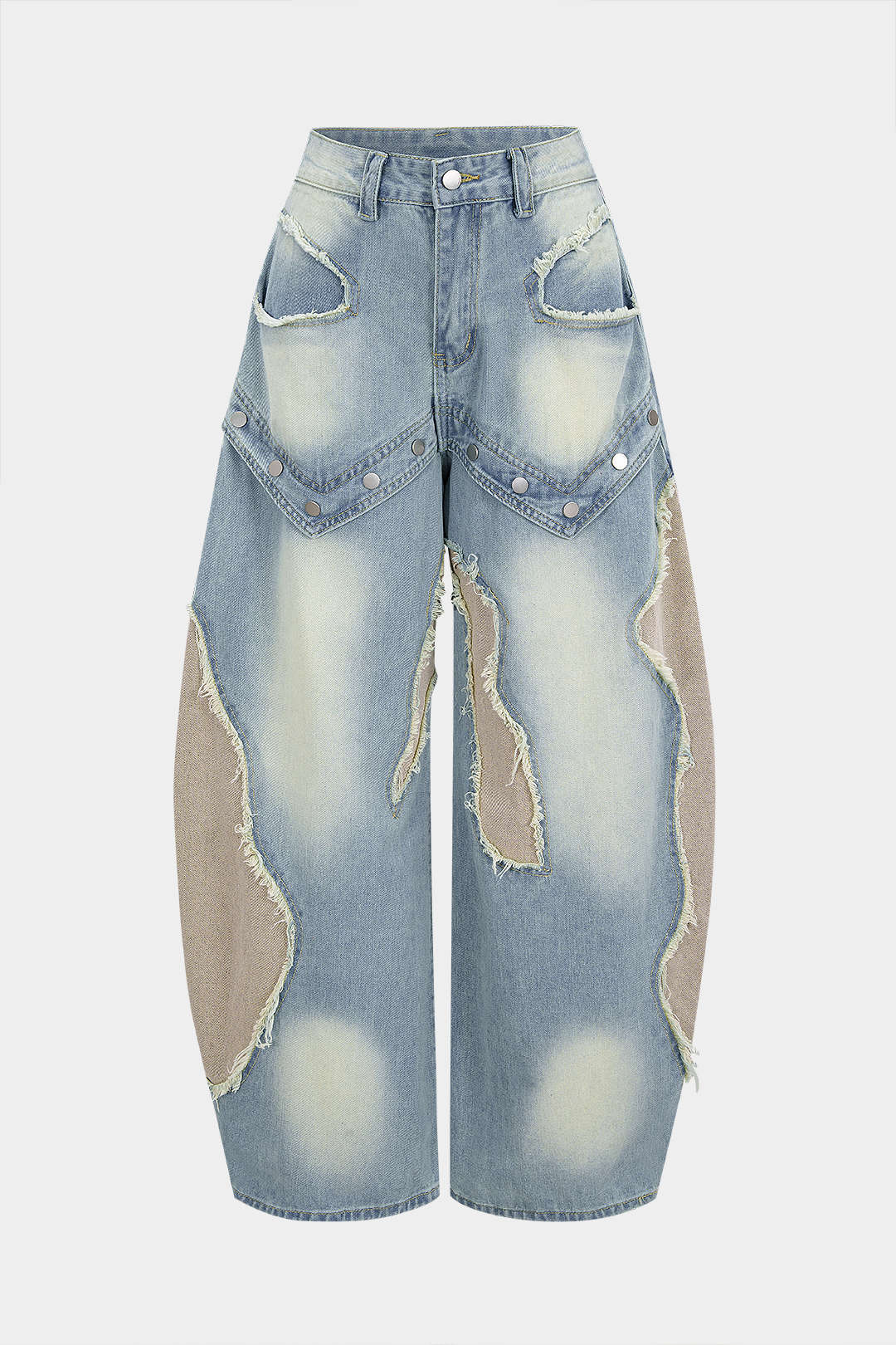 Denim Patchwork Frayed Rivets Straight-Leg Jeans