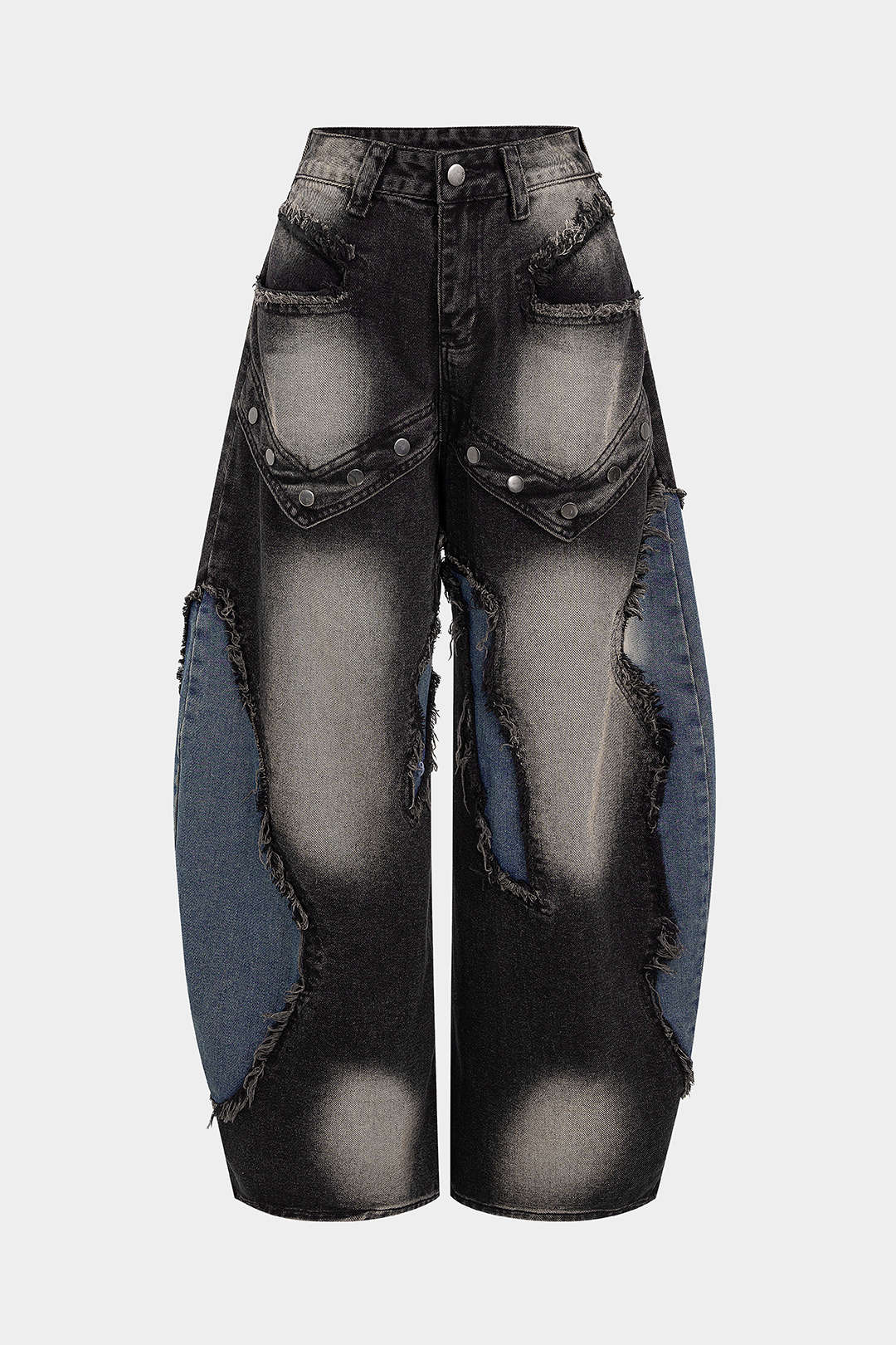Denim Patchwork Frayed Rivets Straight-Leg Jeans - Image 5