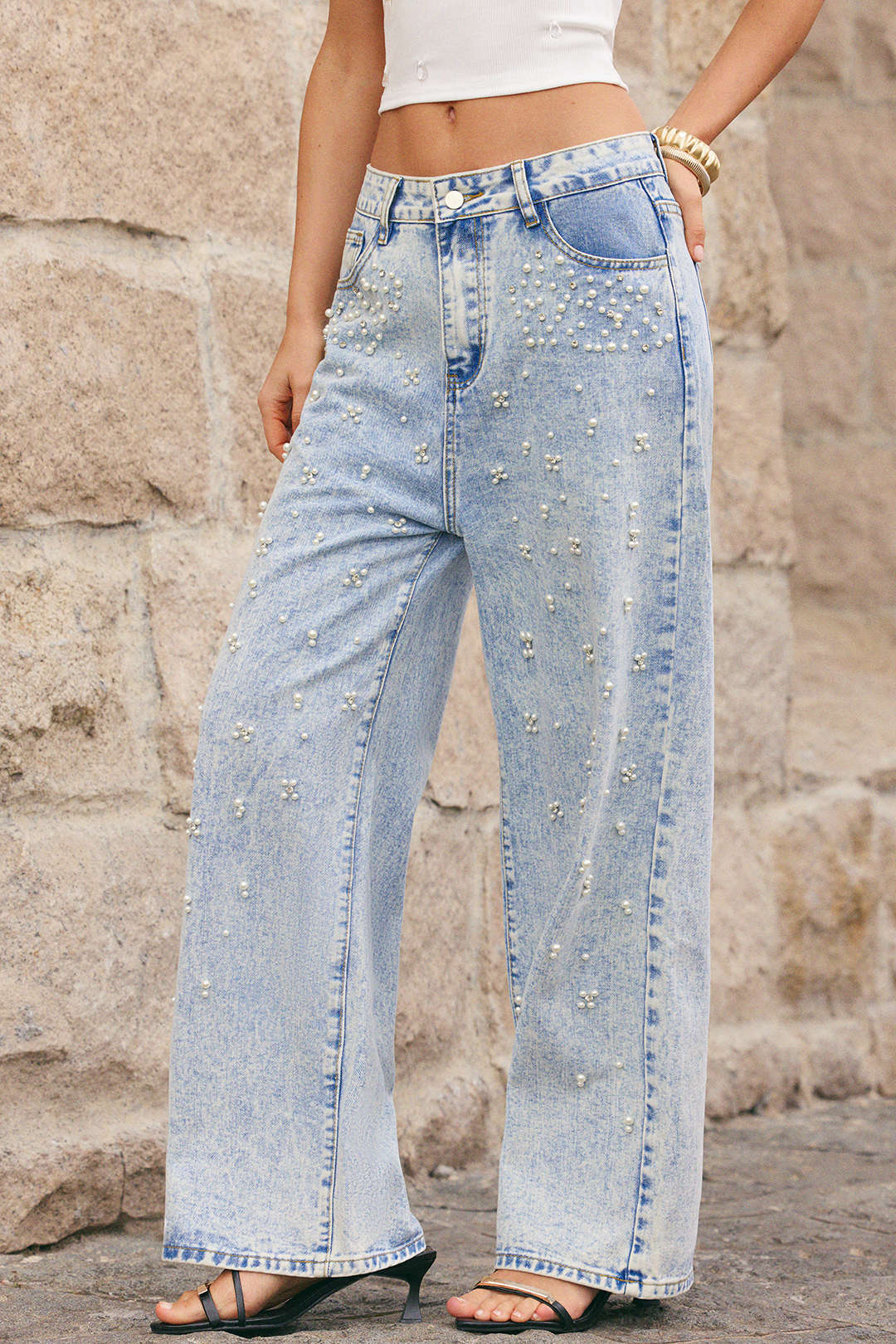 Denim Pearl Decor Straight Leg Jeans - Image 5