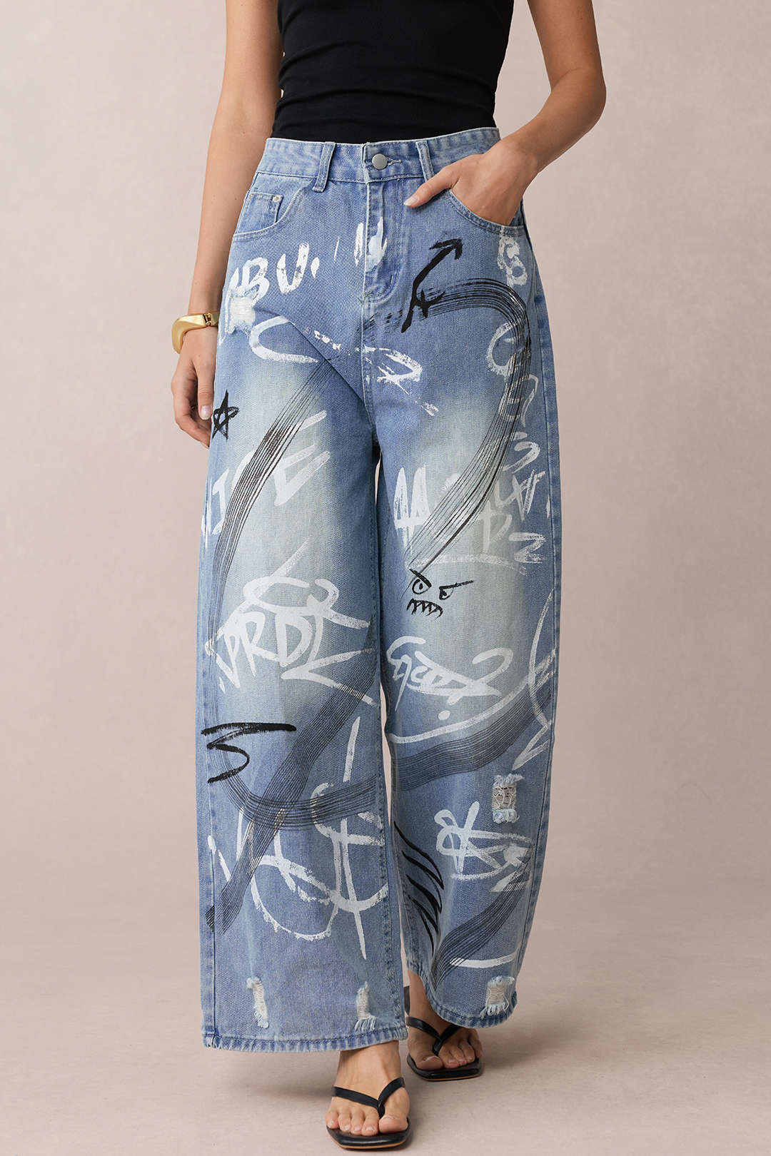 Denim Graffiti Print Zipper Straight Leg Jeans - Image 4