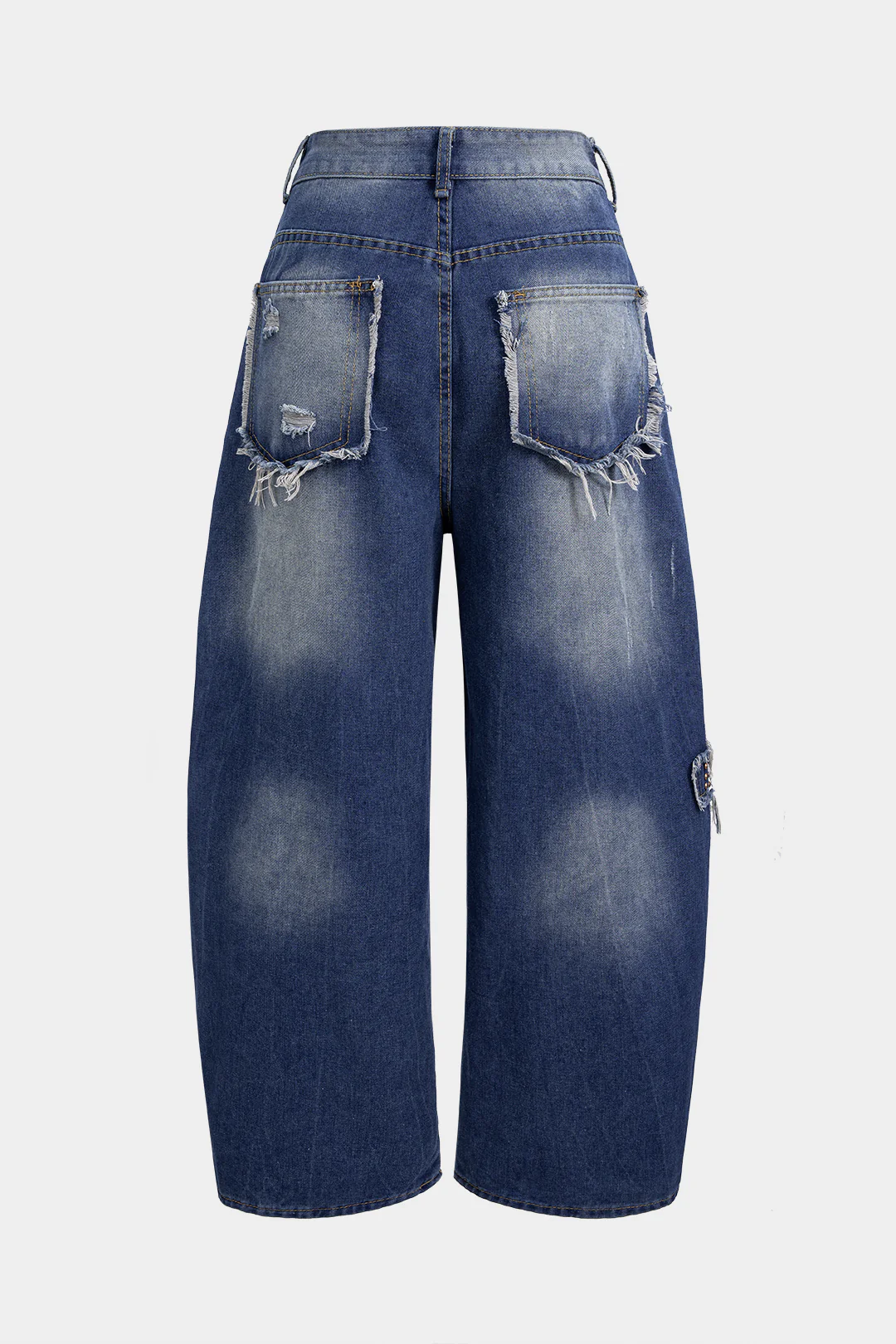 Denim Letter Print Frayed Studded Pocket Wide Leg Jeans - Image 2