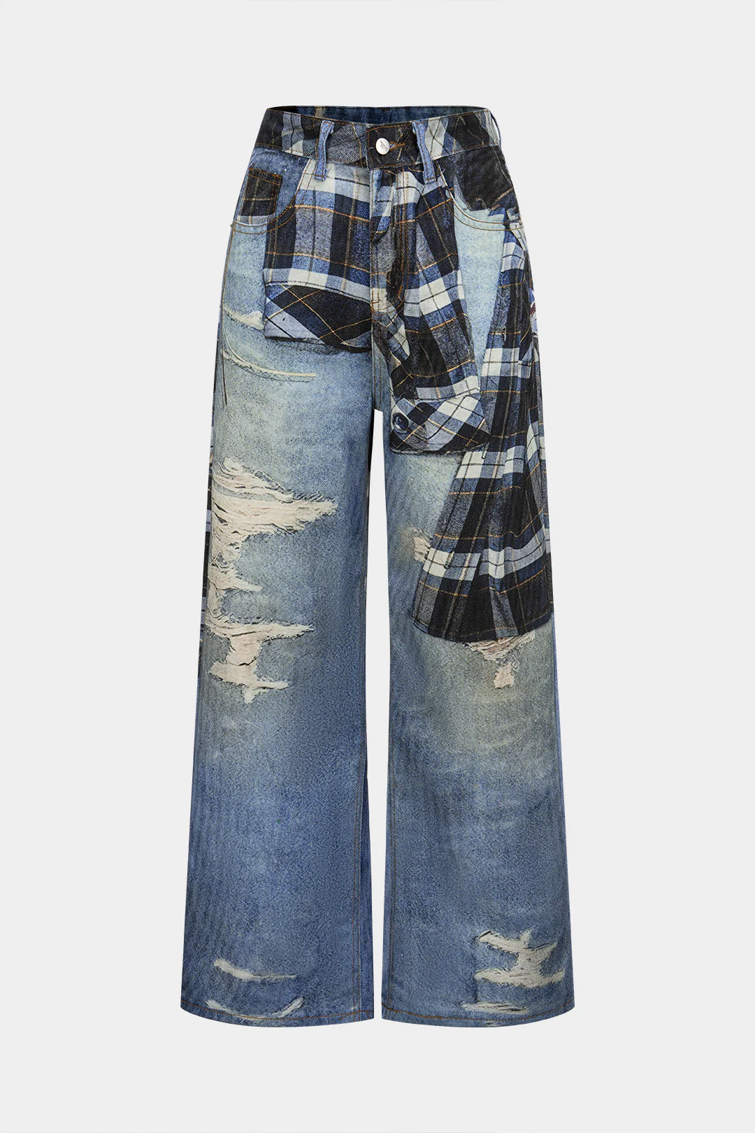 Plaid Denim Print Wide Leg Pants