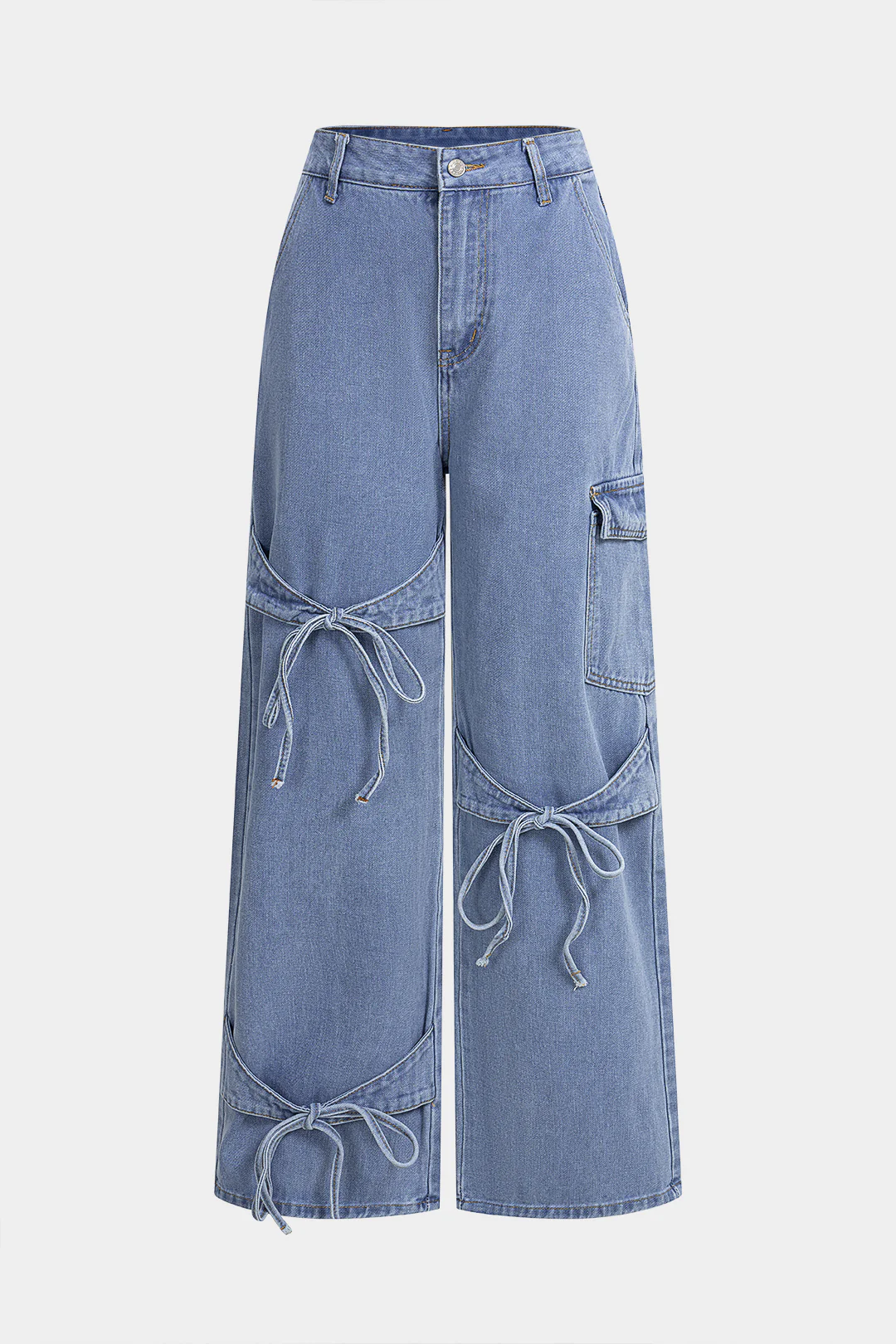 Denim Bow Tie-Up Straight Leg Jeans