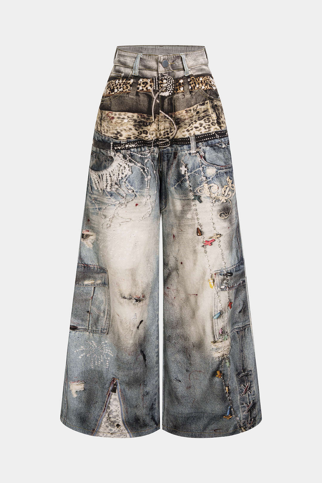 Artistic Denim Print Button Pocket Straight Leg Pants
