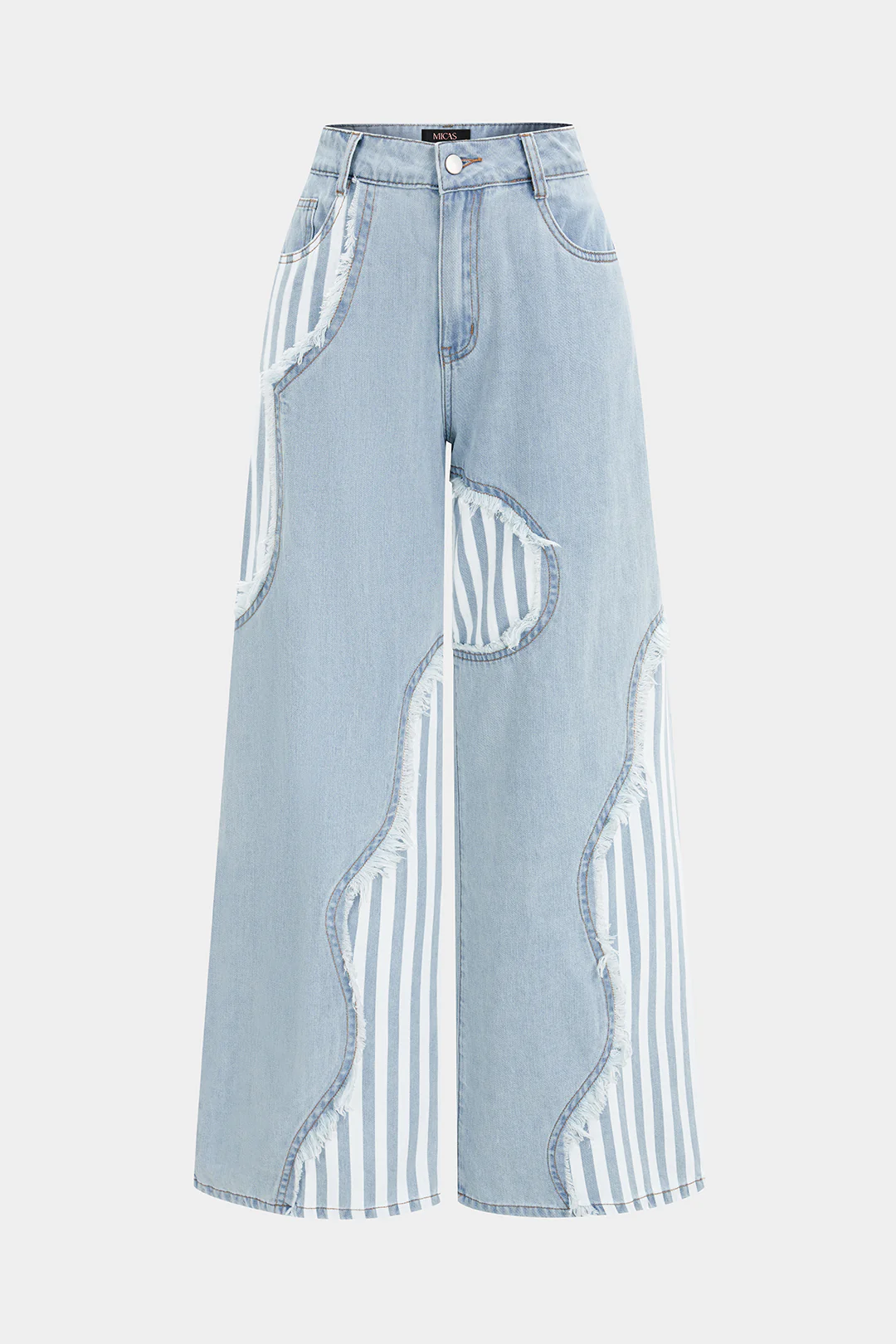 Denim Patchwork Stripes Print Asymmetrical Frayed Wide Leg Jeans