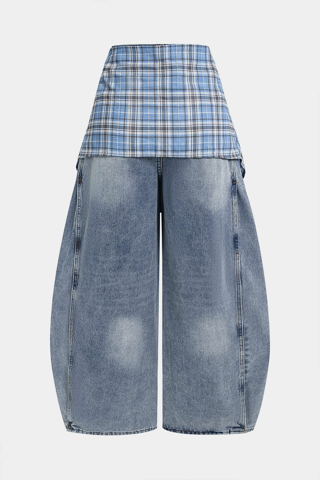 Denim Plaid Print Tie-Up Pocket High Waist Jeans - Image 2
