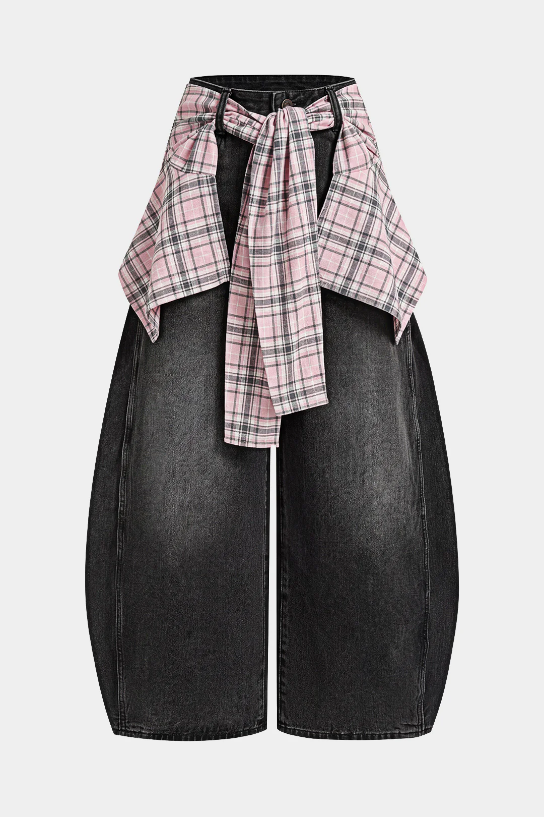 Denim Plaid Print Tie-Up Pocket High Waist Jeans - Image 6