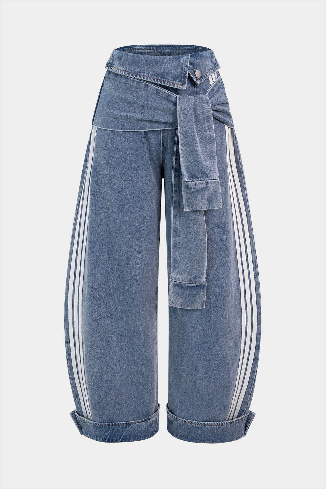 Denim Striped Tie Front Asymmetrical Jeans