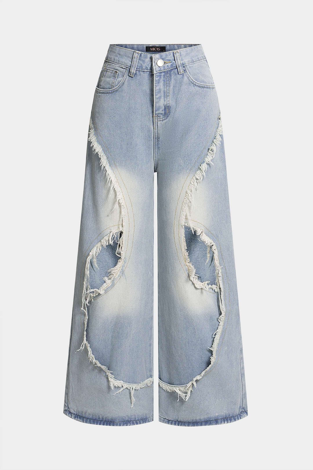 Denim Frayed Cut Out High Waist Straight Leg Jeans